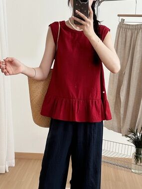 Boutique Linen Sleeveless Peplum Top in Deep Wine Red
